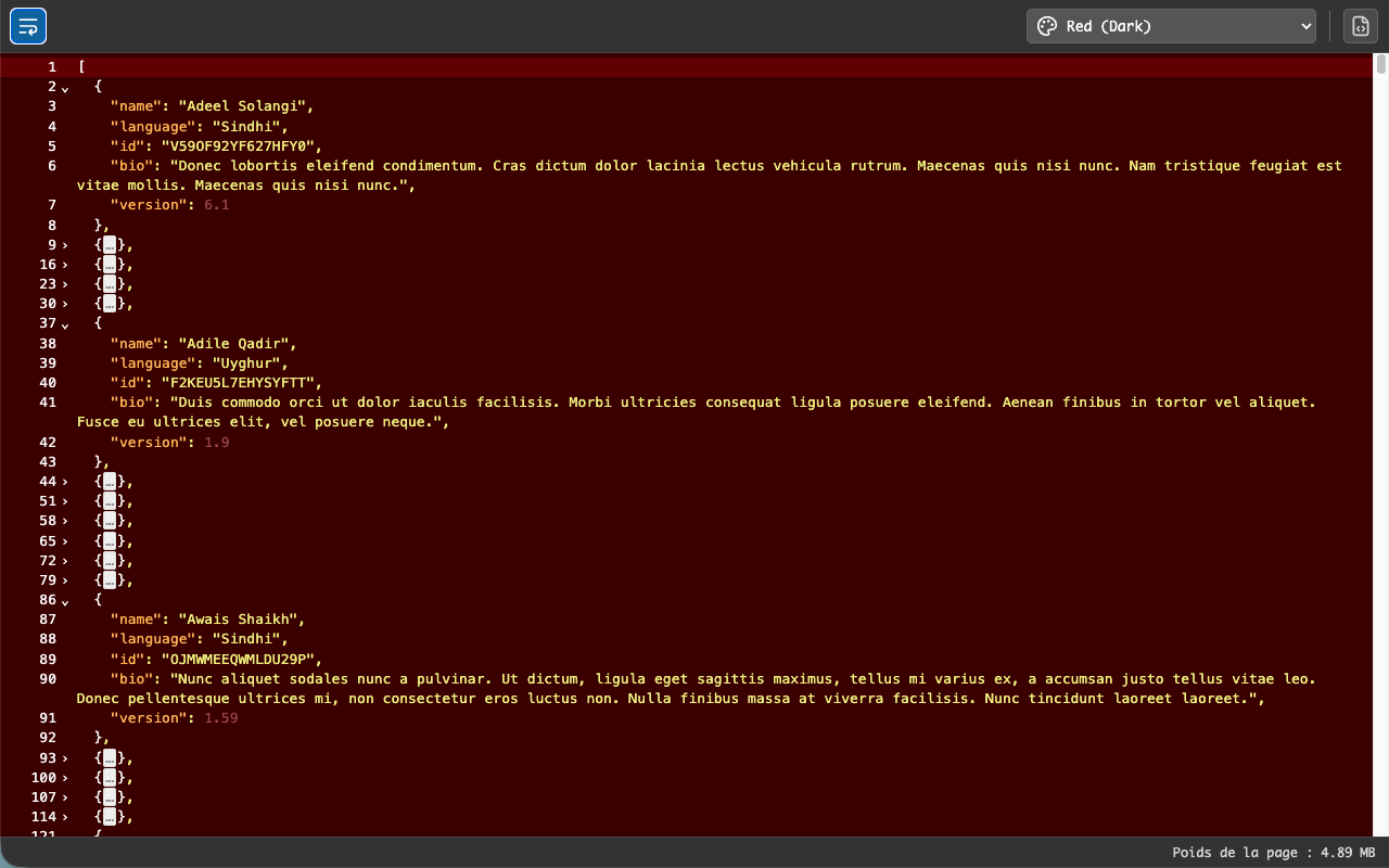 Source Code Viewer showing formatted JSON with code folding