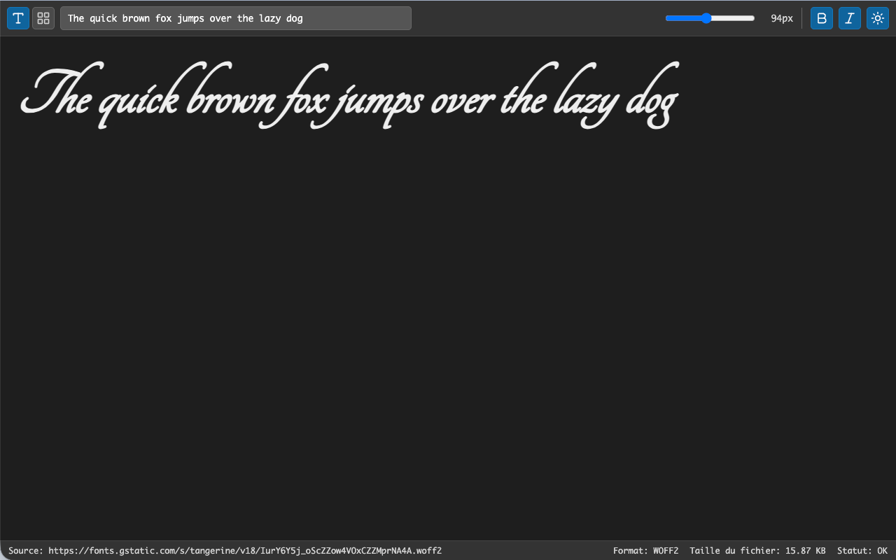 Font viewer previewing a web font with adjustable sample text, size, weight and style