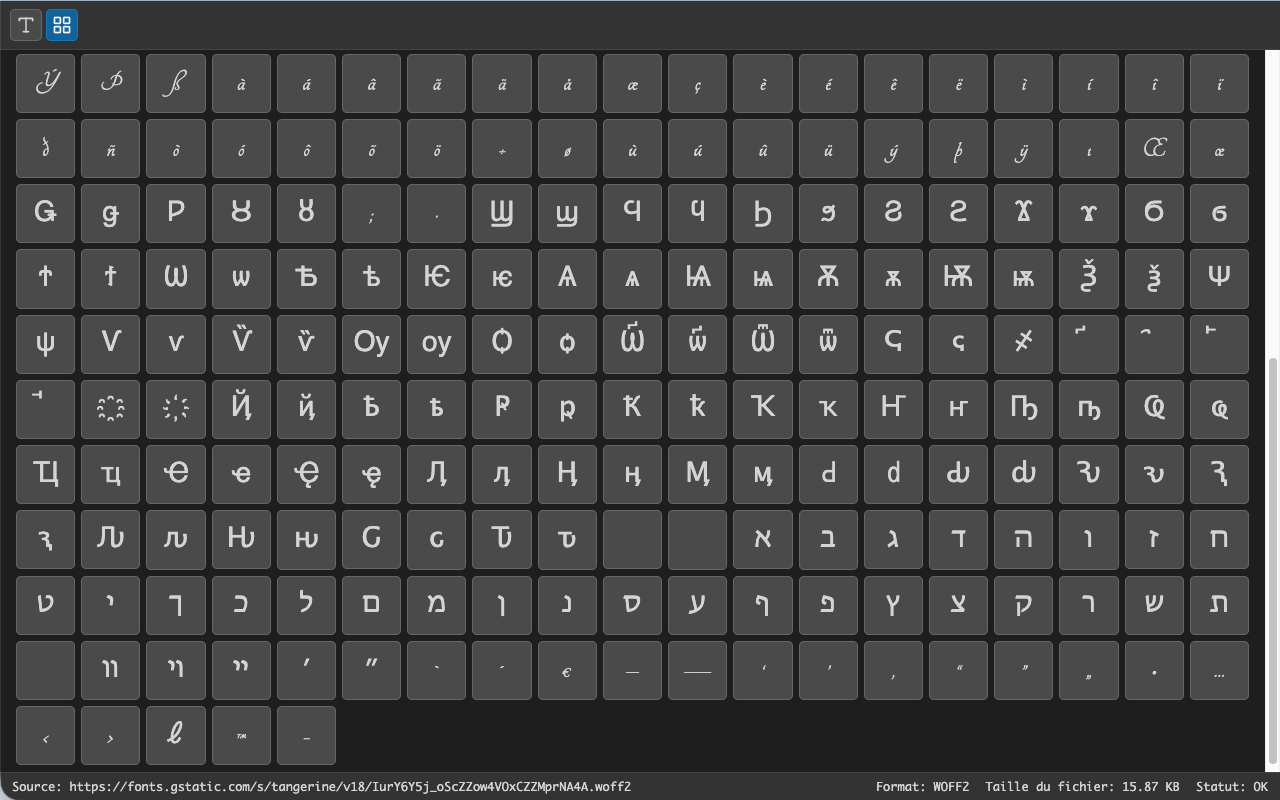 Font viewer glyph grid showing the characters a font covers